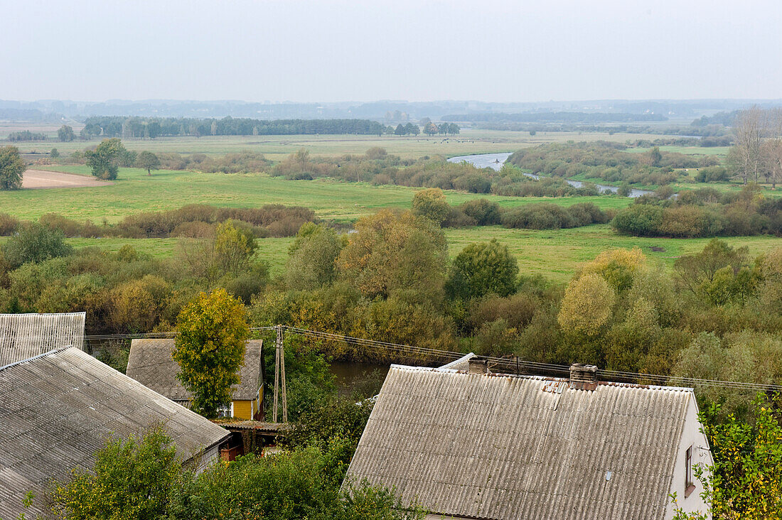 View over houses to river plain, Narew National Park, Podlaskie Voivodeship, Poland