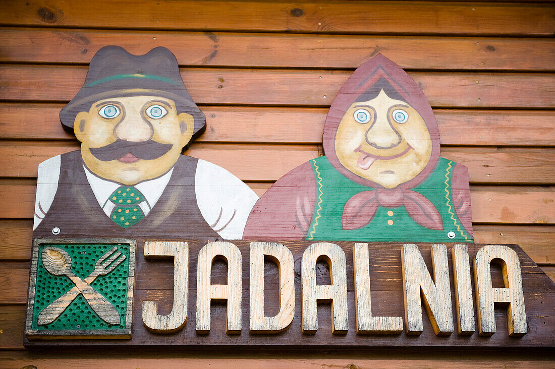 Restaurant sign, Siolo Budy, Bialowieza National Park, Podlaskie Voivodeship, Poland