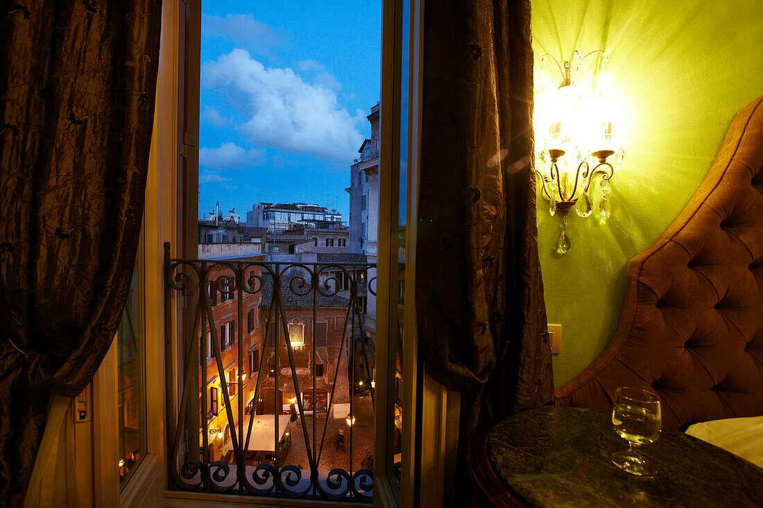 View out of the window of Hotel de Fiori towards Piazza del Biscione, Rome, Latio, Italy
