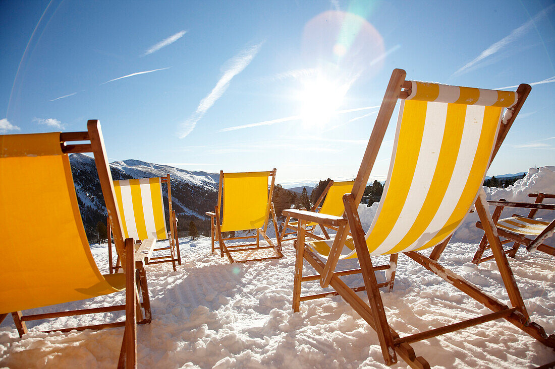 Deck chairs on the terrace of the Alm, Carinthia, Austria
