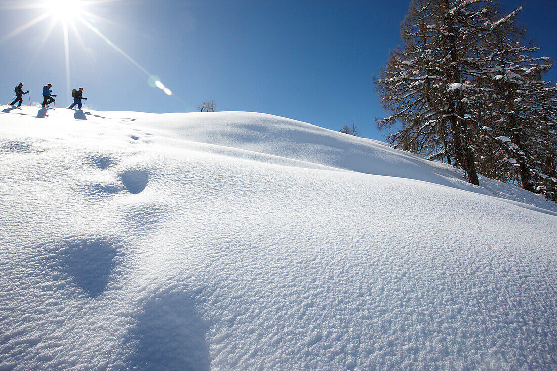 Schneeschuhwandern im tiefen Schnee, St. Johann im Pongau, Salzburg, Österreich