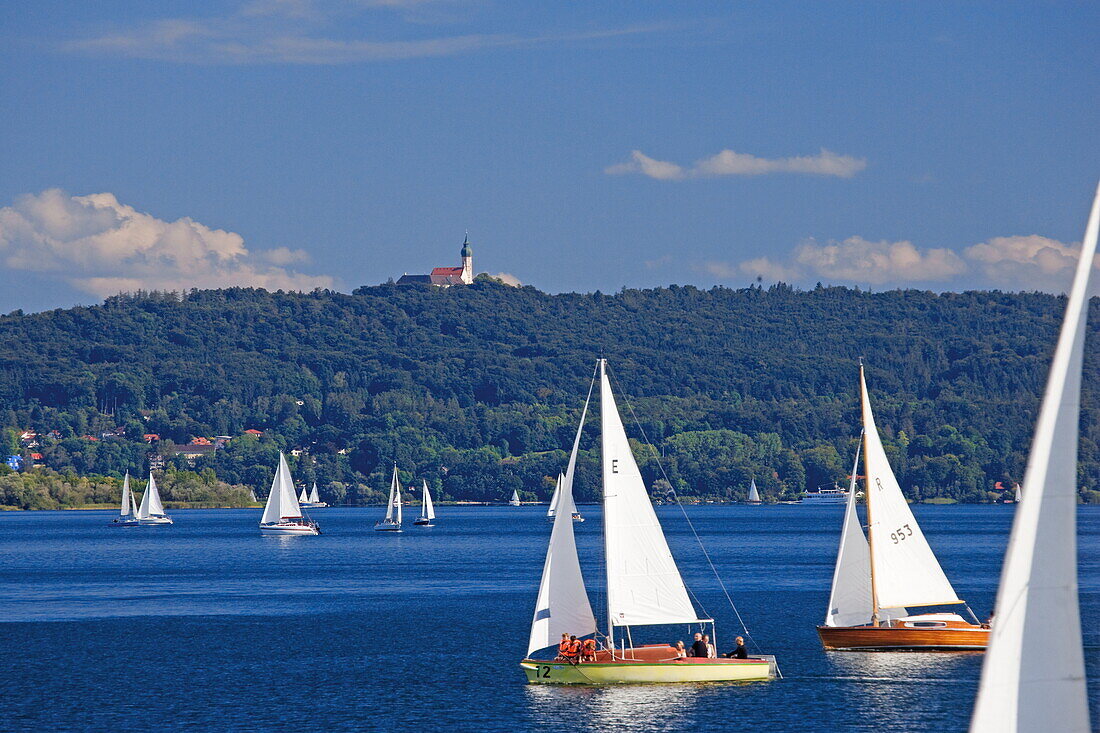 Sailing boats on lake Ammersee, Andechs monastery in the background, Ammersee, Upper Bavaria, Bavaria, Germany