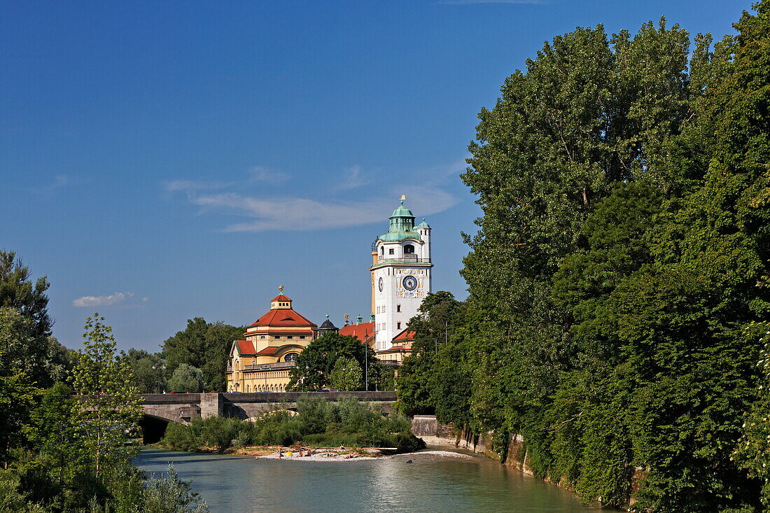 River Isar and Muellersches Volksbad, Munich, Upper Bavaria, Bavaria, Germany