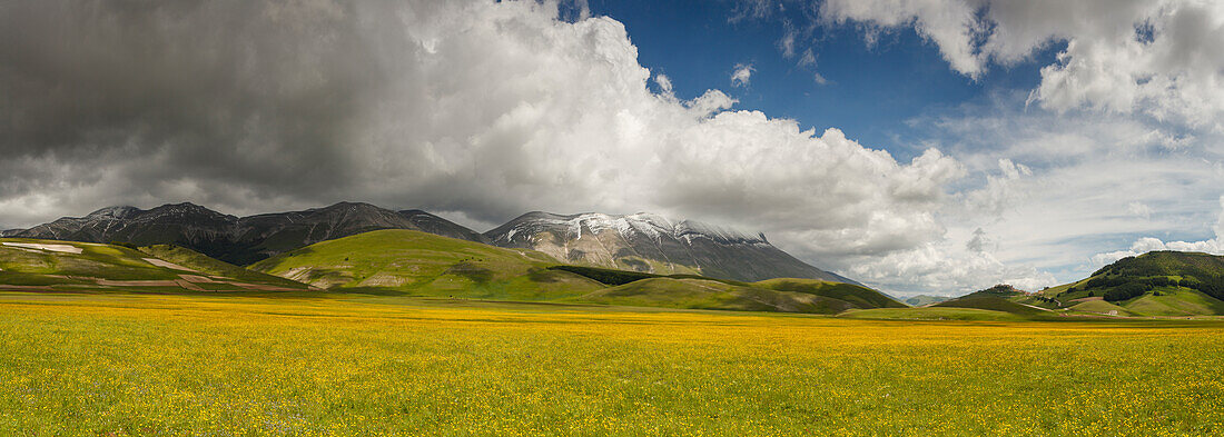 Piano Perduto, Hochebene, Wiesen im Frühling, Monte Vettore (2478m), Berg mit Schnee, Castelluccio, Dorf, Monti Sibillini, Sibillynische Berge, Apennin, Gebirge, bei Norcia, Provinz Perugia, Umbrien, Italien, Europa