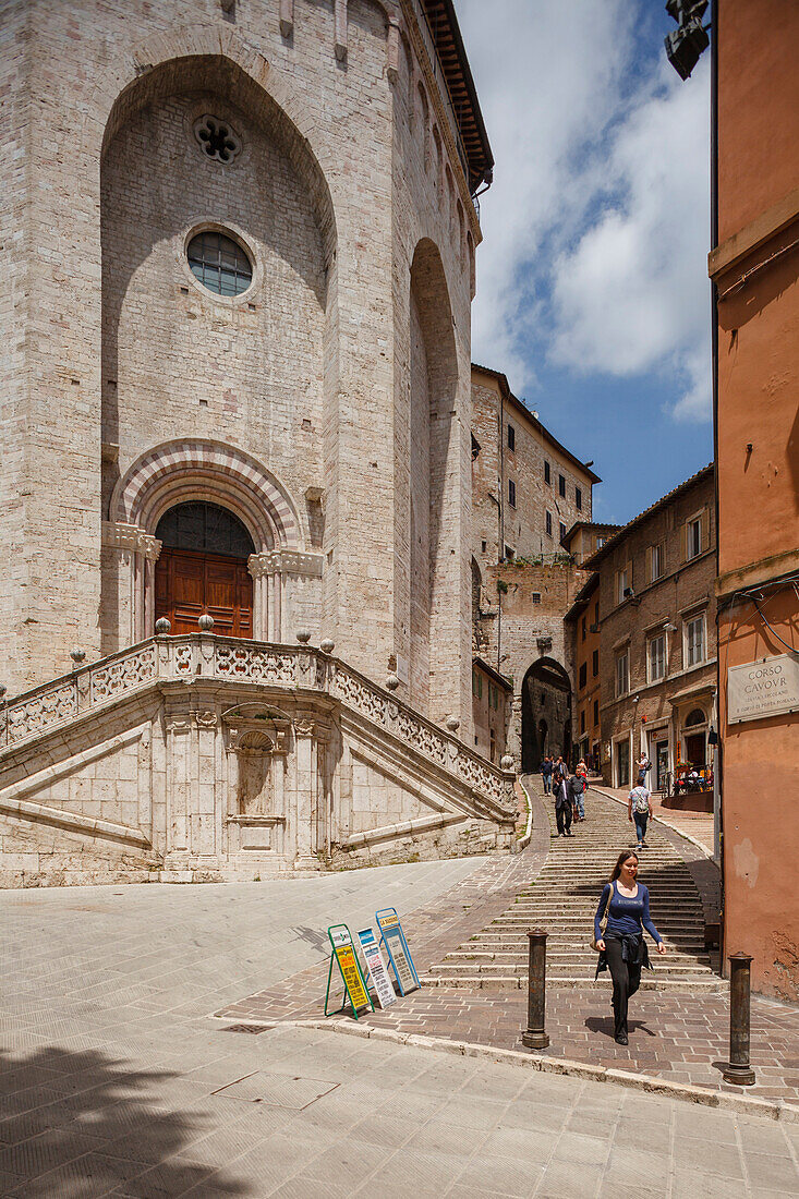 St. Ercolano church with steps and Porta Cornea town gate, Corso Cavour, Perugia, provincial capital, Umbria, Italy, Europe