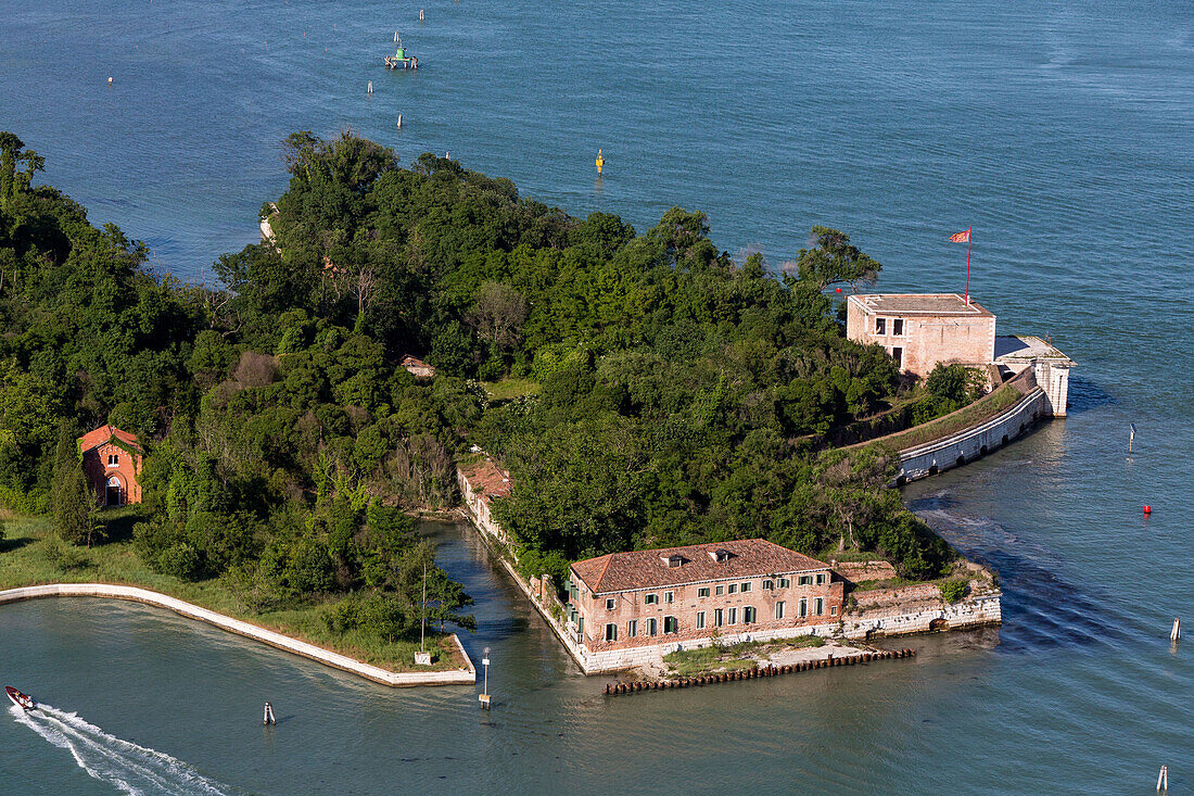 Aerial view of islands in the Venetian lagoon, fortification of San Andrea next to the islands of Le Vignole and La Certosa, Veneto, Italy