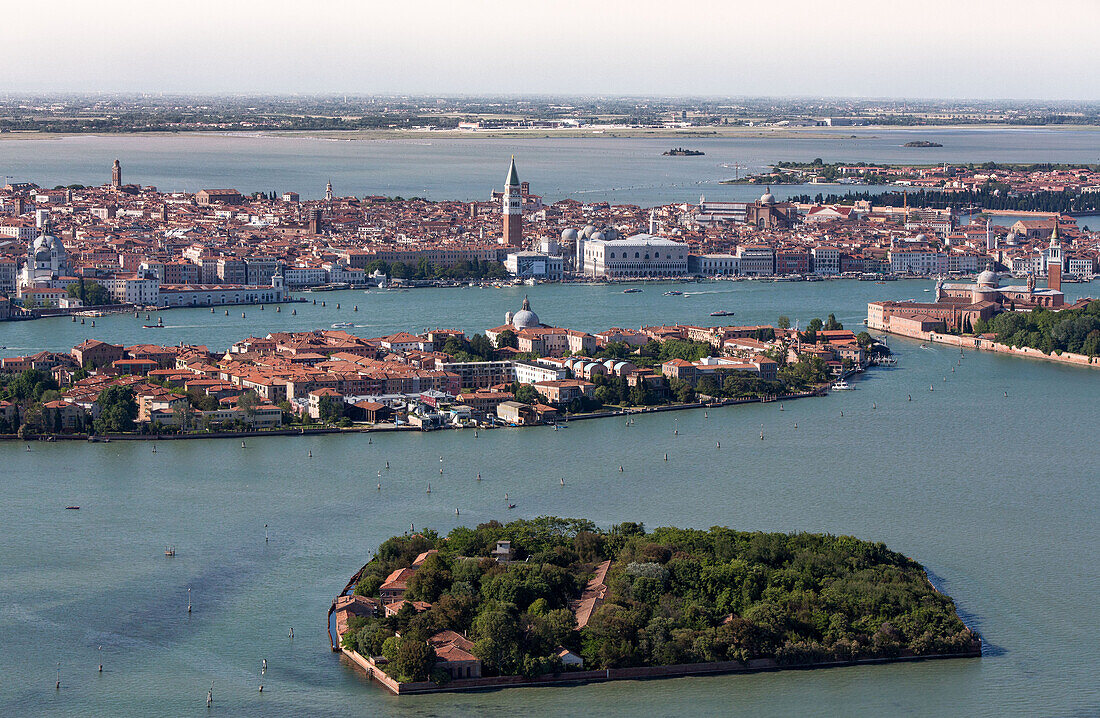 Aerial view of islands in the Venetian lagoon, Giudecca and La Grazia, Veneto, Italy