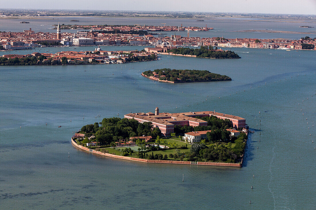 Aerial view of the islands of Venice and lagoon, Giudecca and La Grazia in the foreground, Venice, Veneto, Italy