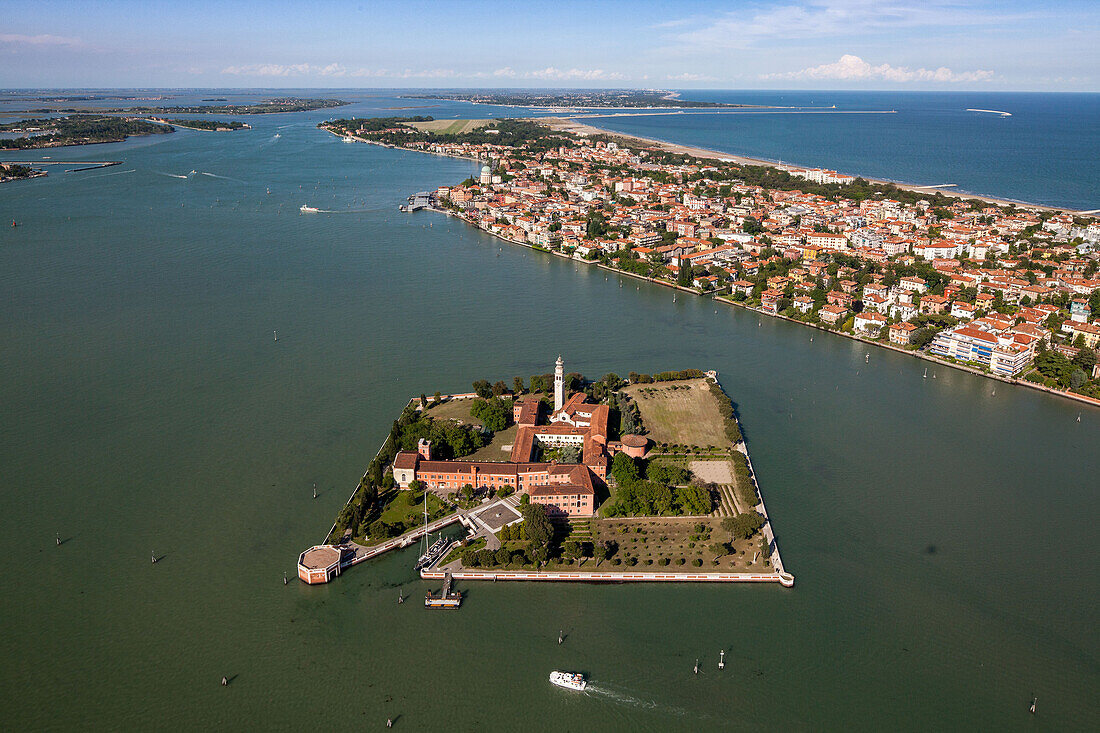 Aerial view of the Island of San Lazzaro, Lido, Mediterranian Sea, Venice, Veneto,  Italy