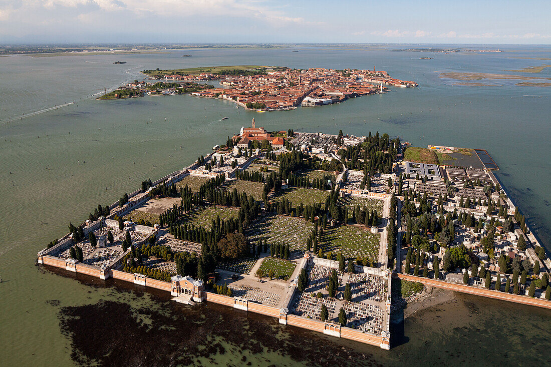 Aerial view of the island cemetery of San Michele, cemetery and grave yard of Venice, Burano in the background, Veneto, Italy