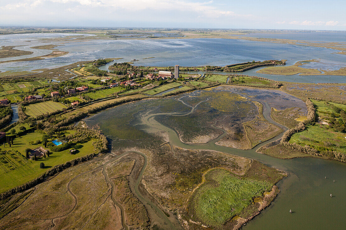 Aerial view of Venice, Torcello, oldest continuously populated region of Venice, Salt meadows, Barene, Torcello, Veneto, Italy