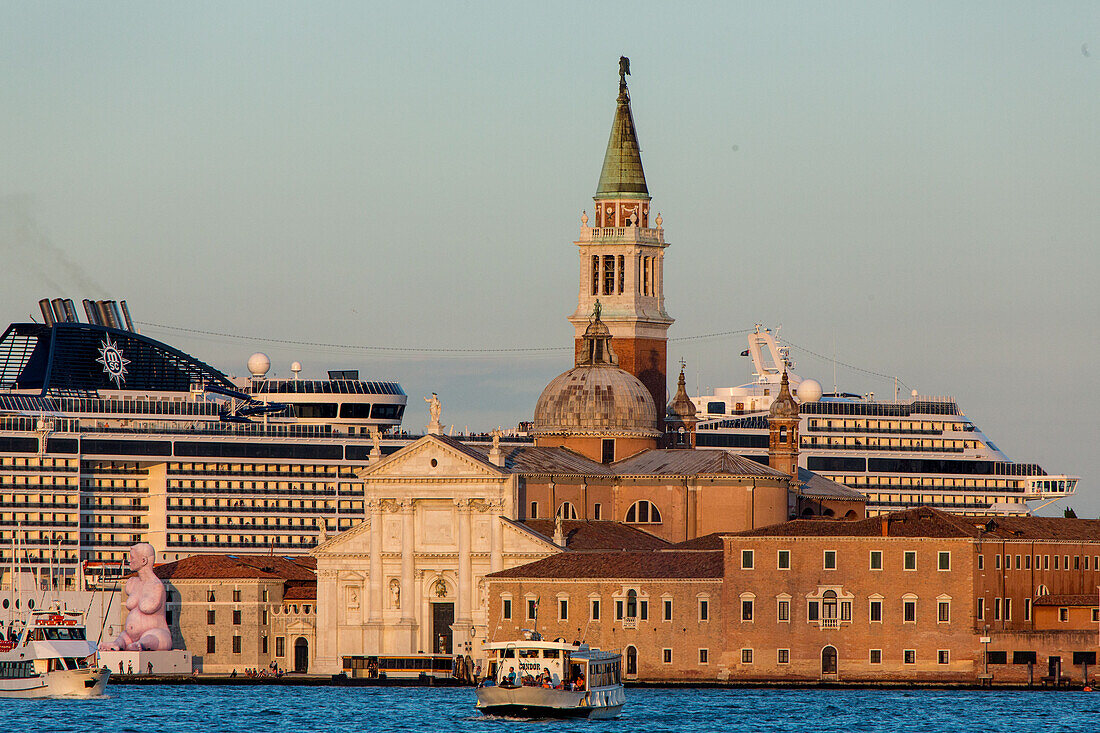 Cruise ship protest, Cruise ship being towed in Giudecca Canal, near San Giorgio Maggiore, Venice, Veneto, Italy