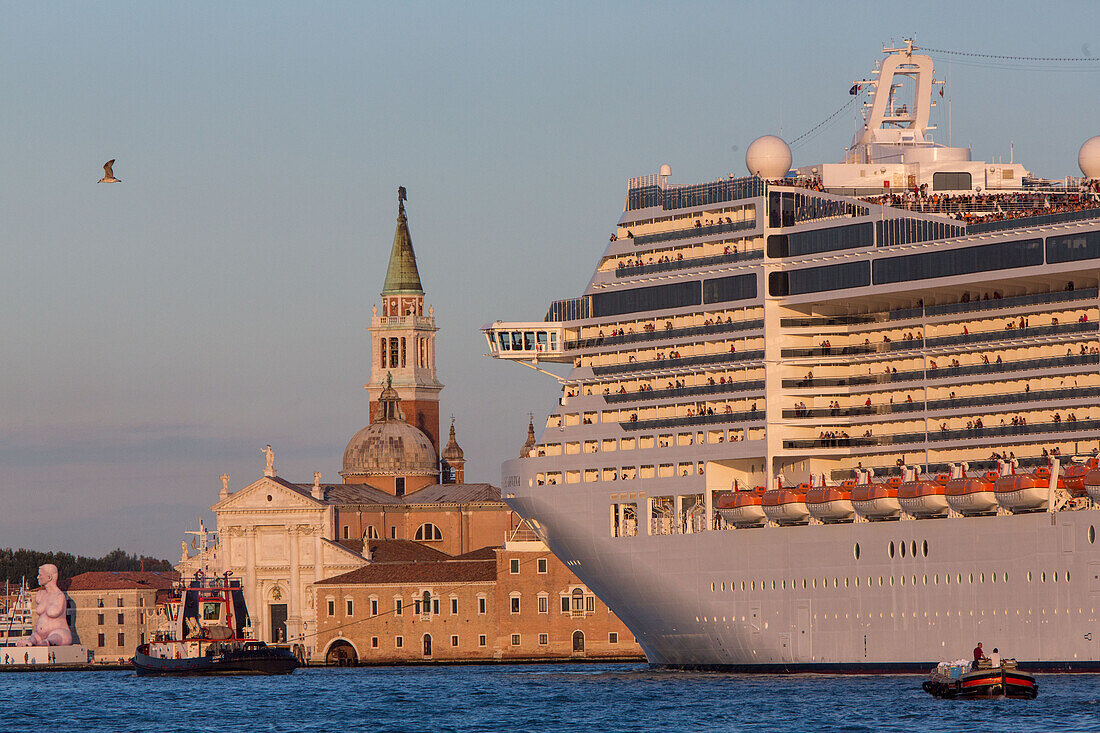 Cruise ship protest, Cruise ship being towed in Giudecca Canal, near San Giorgio Maggiore, Venice, Veneto, Italy