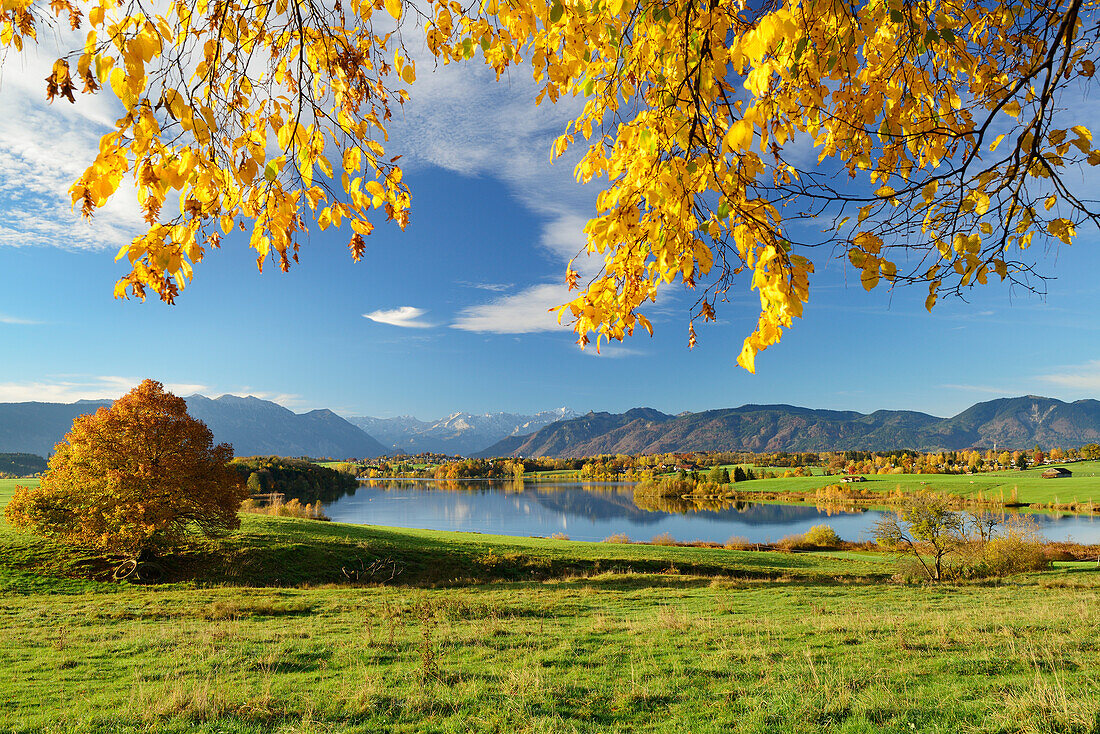 Lake Riegsee and Wetterstein range with Zugspitze, lake Riegsee, Blaues Land, Bavarian foothills, Upper Bavaria, Bavaria, Germany