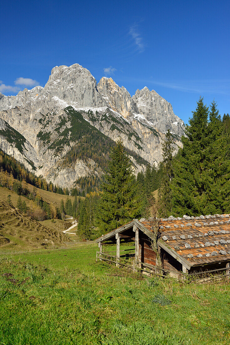 Alpine hut Bindalm beneath the Reiteralm, Reiteralm range, Nationalpark Berchtesgaden, Berchtesgaden range, Upper Bavaria, Bavaria, Germany