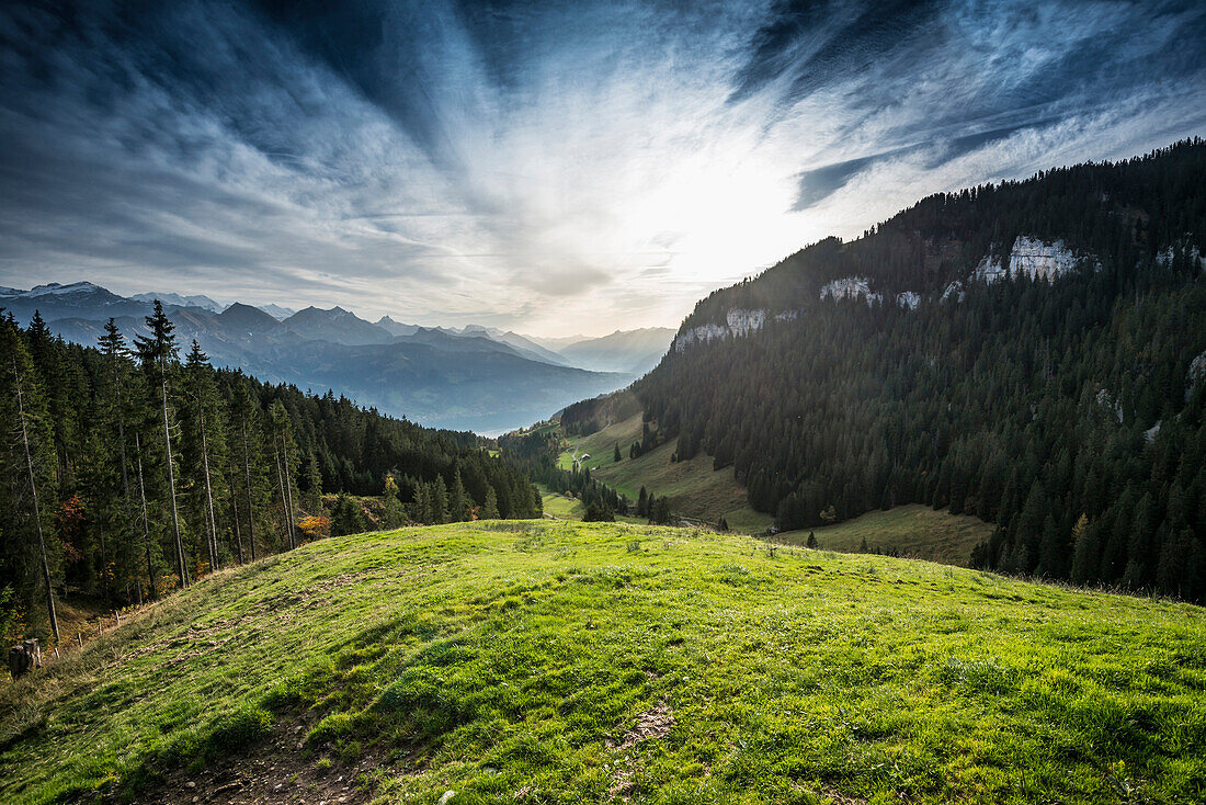 Blick auf Thuner See und das Kandertal, Beatenberg, Berner Oberland, Kanton Bern, Schweiz