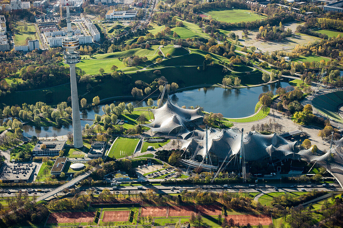 Aerial shot of the Olympiapark, Munich, Bavaria, Germany