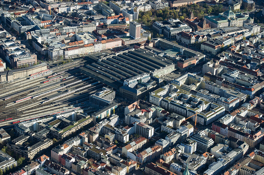 Aerial view of central railway station, Munich, Bavaria, Germany