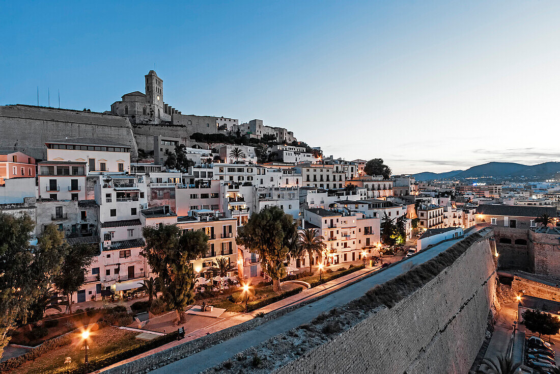 Sunset over the old town and fortress, Dalt vila, Ibiza, Balearic Islands, Spain