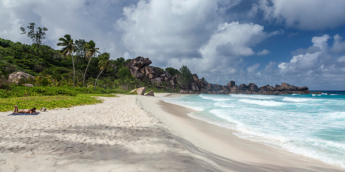 Grand Anse beach with strong currents on the East Coast, La Digue, Seychelles, Indian Ocean