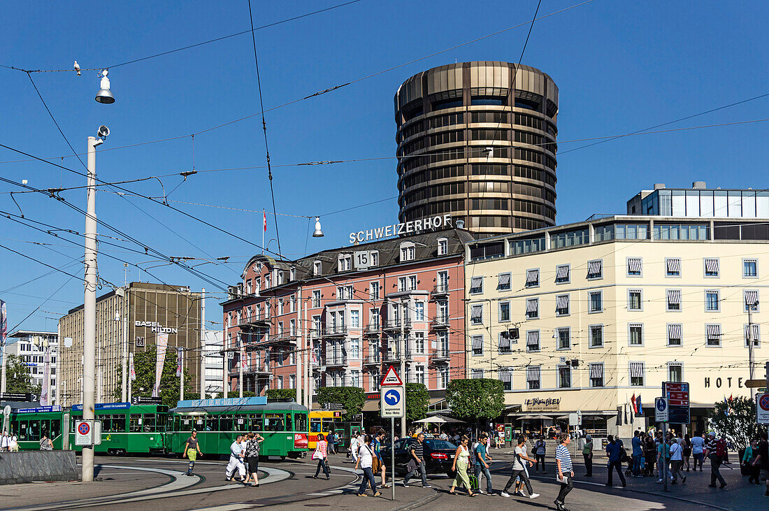 Central Station Square with tram, Hotel Schweizerhof in the background, Basel, Switzerland