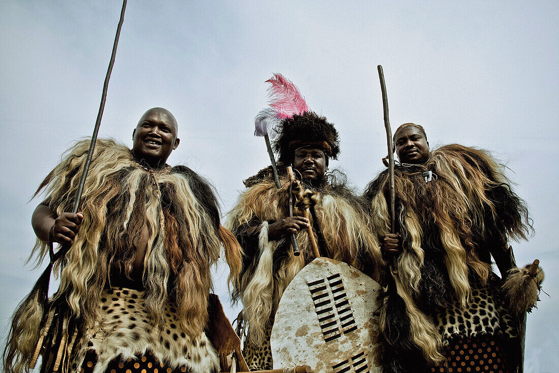 Three men of the Swazi tribe in traditional fur outfits with shields and sticks, Swaziland, Africa