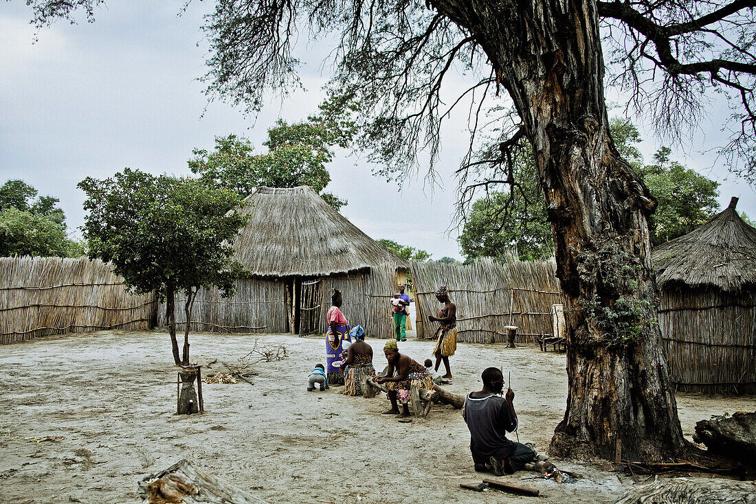 People in a traditional village of the Lozi tribe, Caprivi region, Namibia, Africa