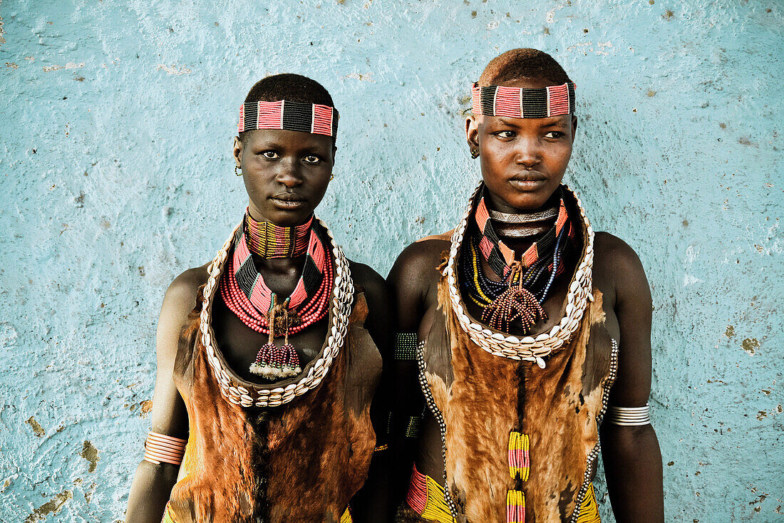 Two young woman from the Hamar tribe, Turmi, Omo valley, South Ethiopia, Africa