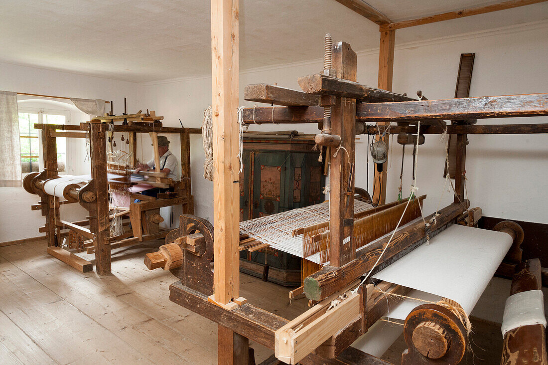 Weaving loom in the weaving museum near Breitenberg, Bavarian Forest, Bavaria, Germany