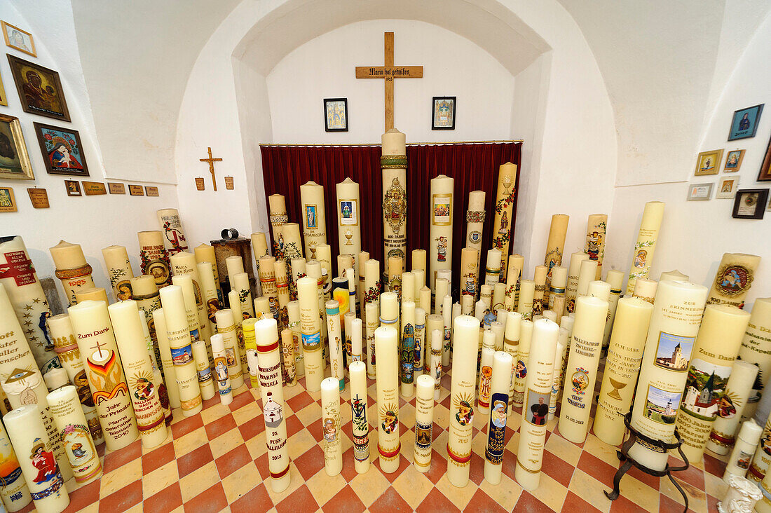Candles in the pilgrimage church Neukirchen beim Heiligen Blut, Bavarian Forest, Bavaria, Germany