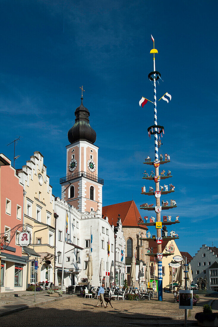 Market square with may pole and church in the old town of Cham, Bavarian Forest, Bavaria, Germany