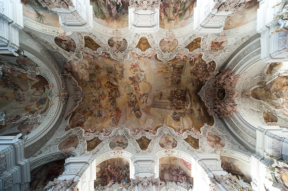 Interior view of the ceiling with fresco, Abbey church in Metten abbey, Metten, Bavarian Forest, Bavaria, Germany