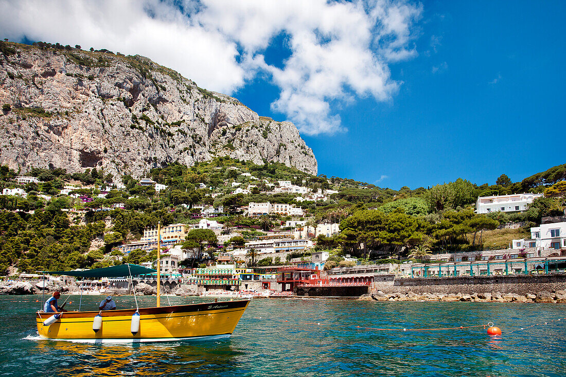 View from a boat towards Marina Piccola, Capri, Bay of Naples, Campania, Italy