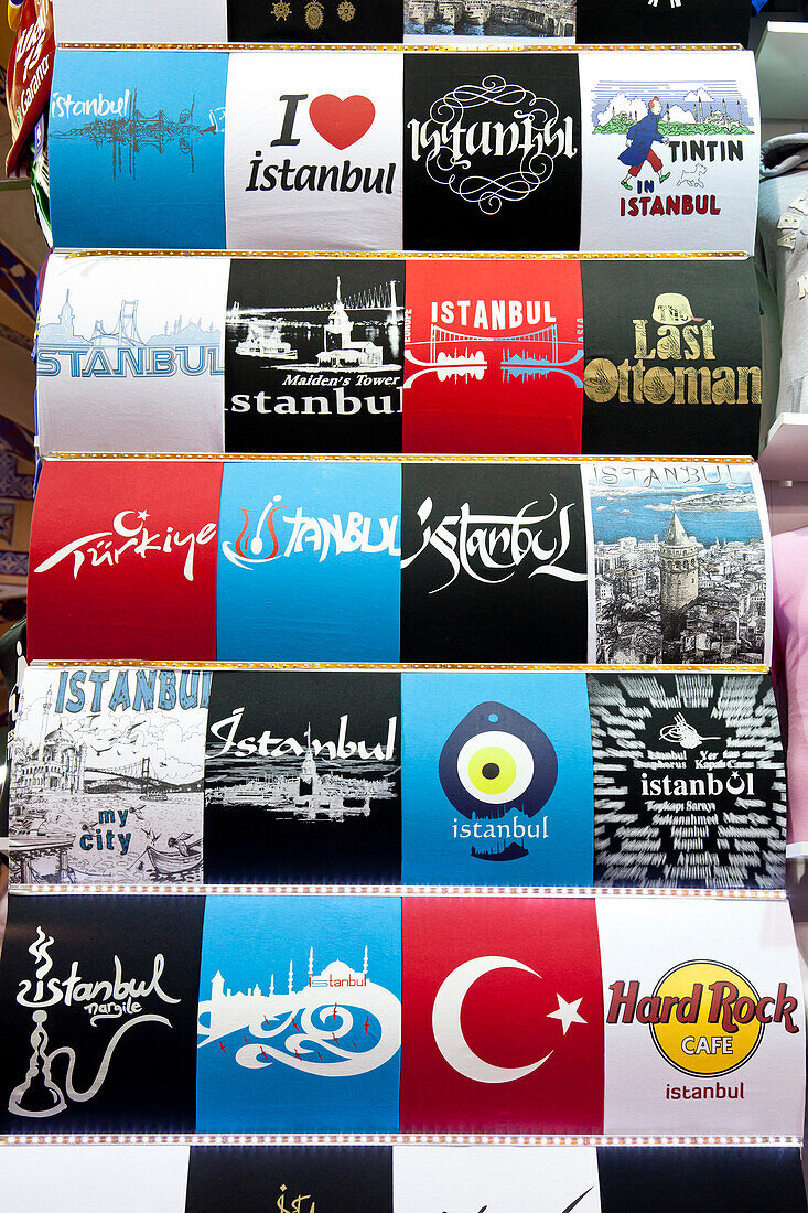 T-shirt logos with Istanbul motives at the Grand Bazaar, Kapali Carsi, Istanbul, Turkey