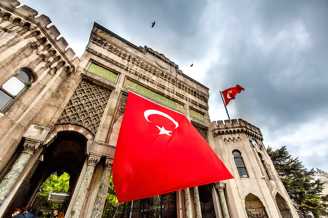 Turkish flag hanging from the University building, Istanbul, Turkey