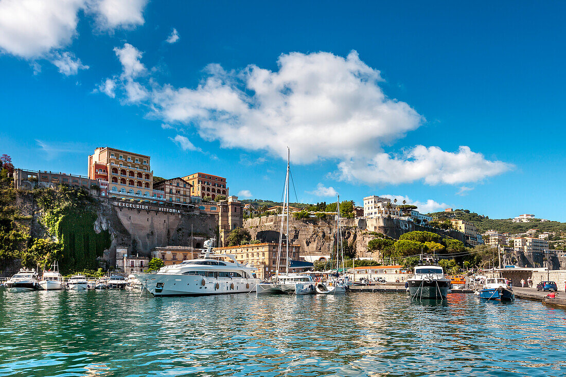 Marina Piccola Harbour with Grand Hotel Excelsior in the background, Sorrento, Peninsula of Sorrento, Bay of Naples, Campania, Italy