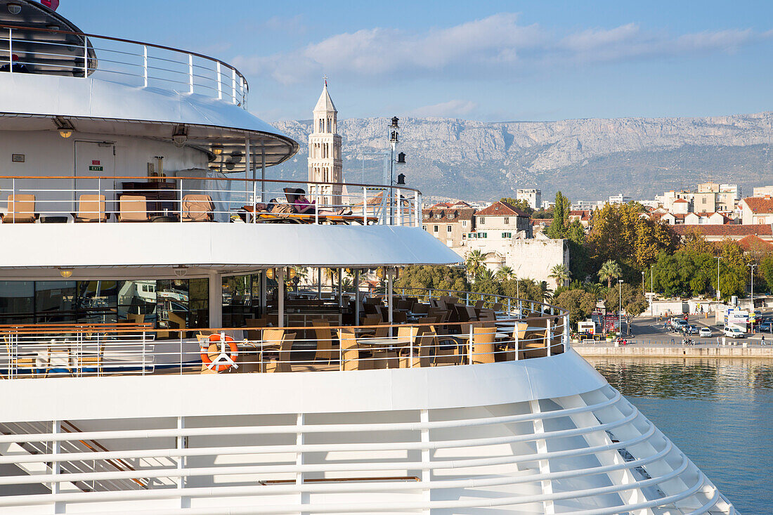 Deck of cruise ship MV Silver Spirit, Silversea Cruises and waterfront, Split, Split-Dalmatia, Croatia