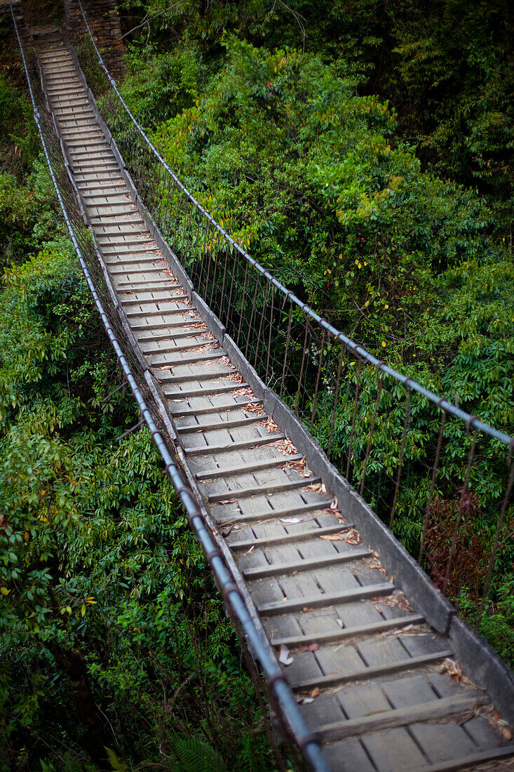 An old, worn, wooden footbridge over a ravine in Nepal Annapurna Conservation Area, Nepal