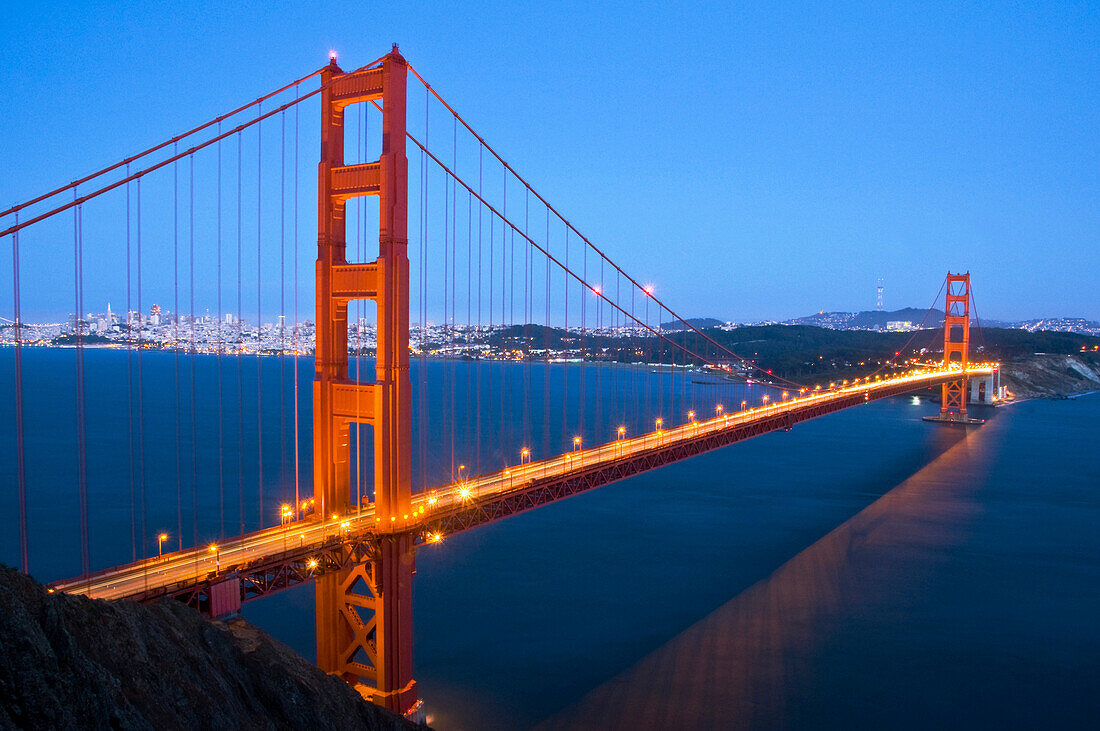 The Golden Gate Bridge at dusk with San Francisco in the background, California San Francisco, California, USA