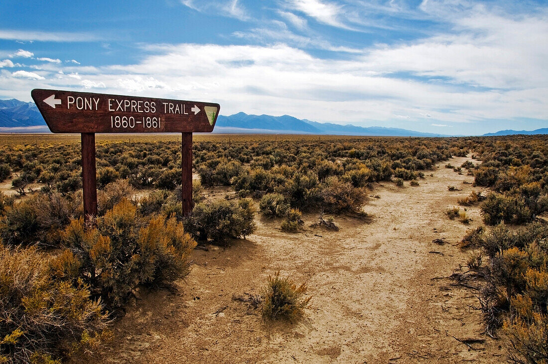A sign shows the old Pony Express Route off of Highway 50, Nevada Highway 50, Nevada, USA