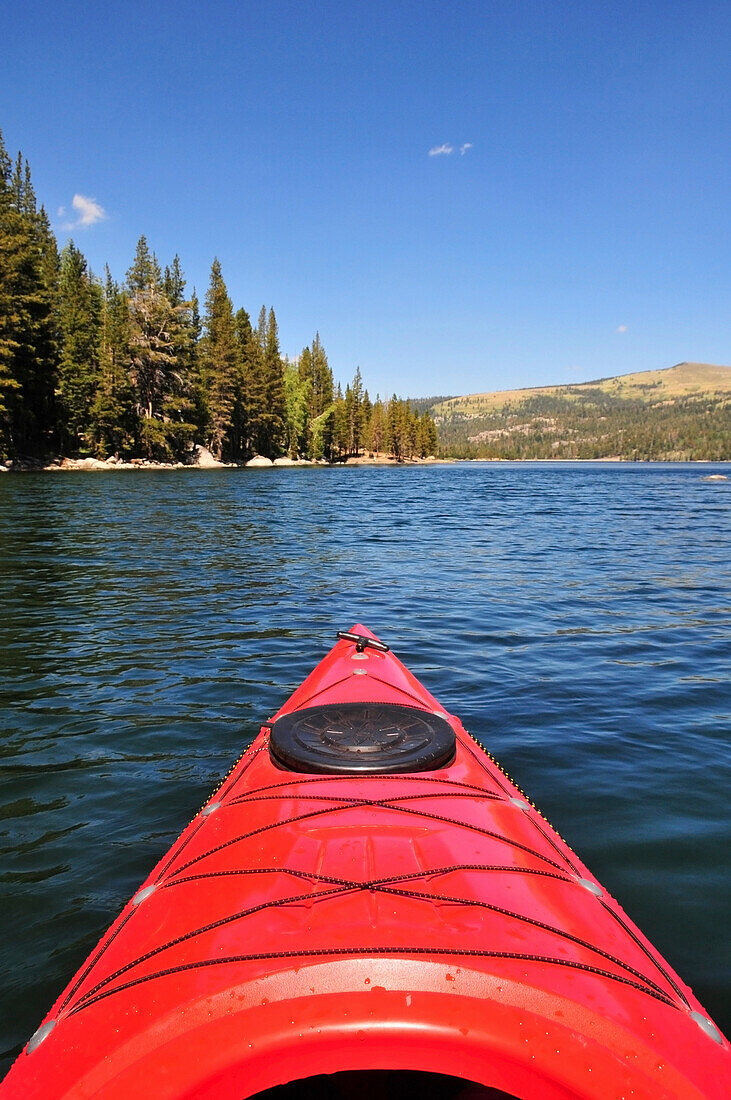 A first person view of kayaking on Caples Lake near Kirkwood, CA in the Sierra Nevada Caples Lake, Sierra Nevada, California, USA