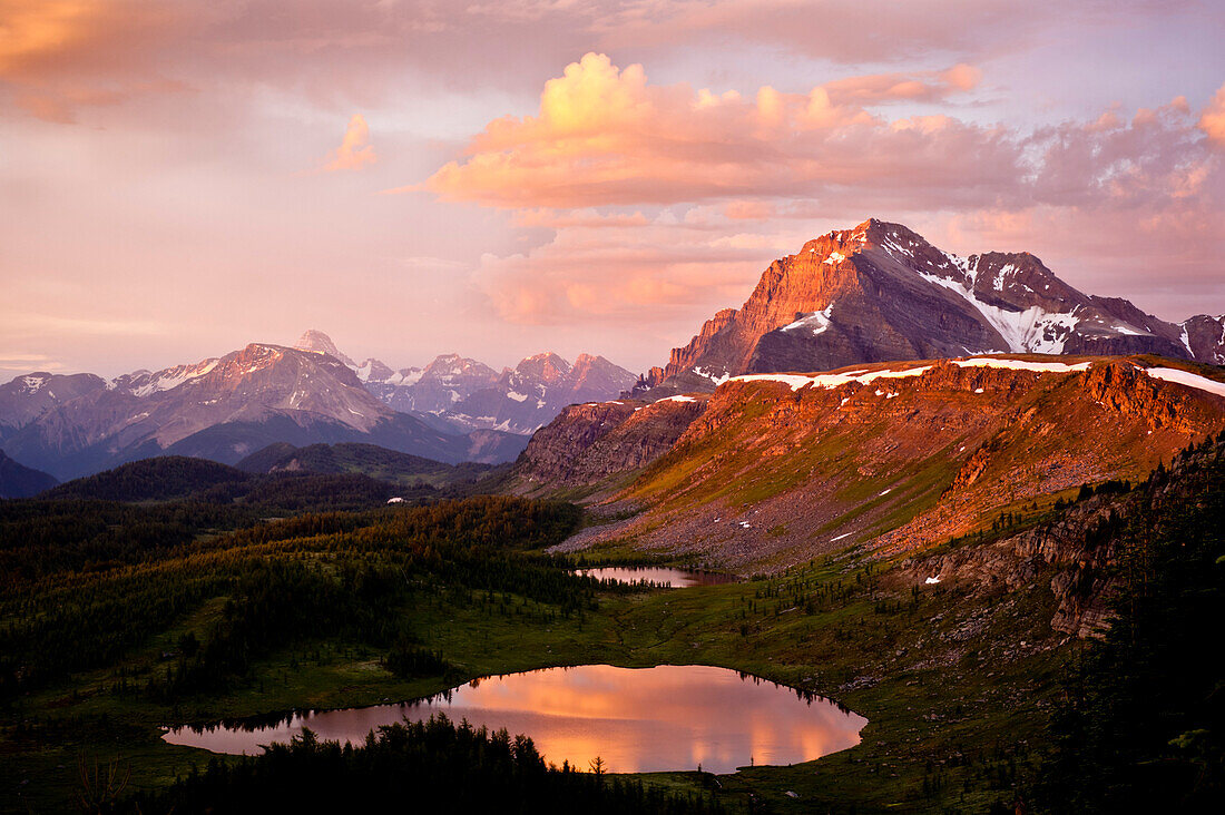 Mountains, lake and valley at sunrise.  Banff National Park, Alberta, Canada Jasper, Alberta, Canada