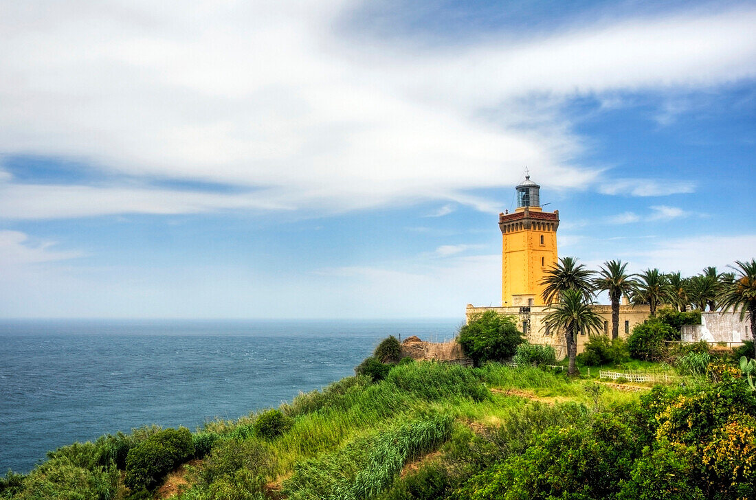 The famous Cap Spartel Lighthouse sits on the northwest tip of Africa at the entrance to the Mediterranean Sea, Morocco Tangier, Province de Tanger, Morocco