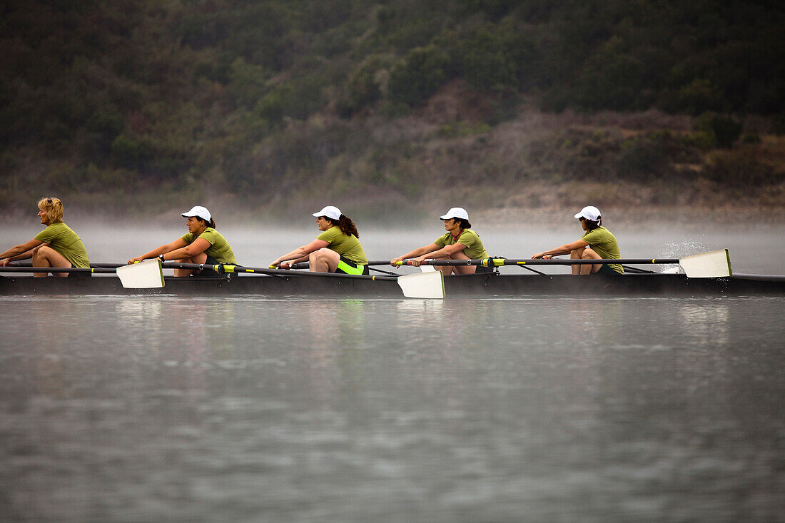 The Lake Casitas Rowing Team works some on drills at Lake Casitas in Ojai, California., Ojai, California, United States of America