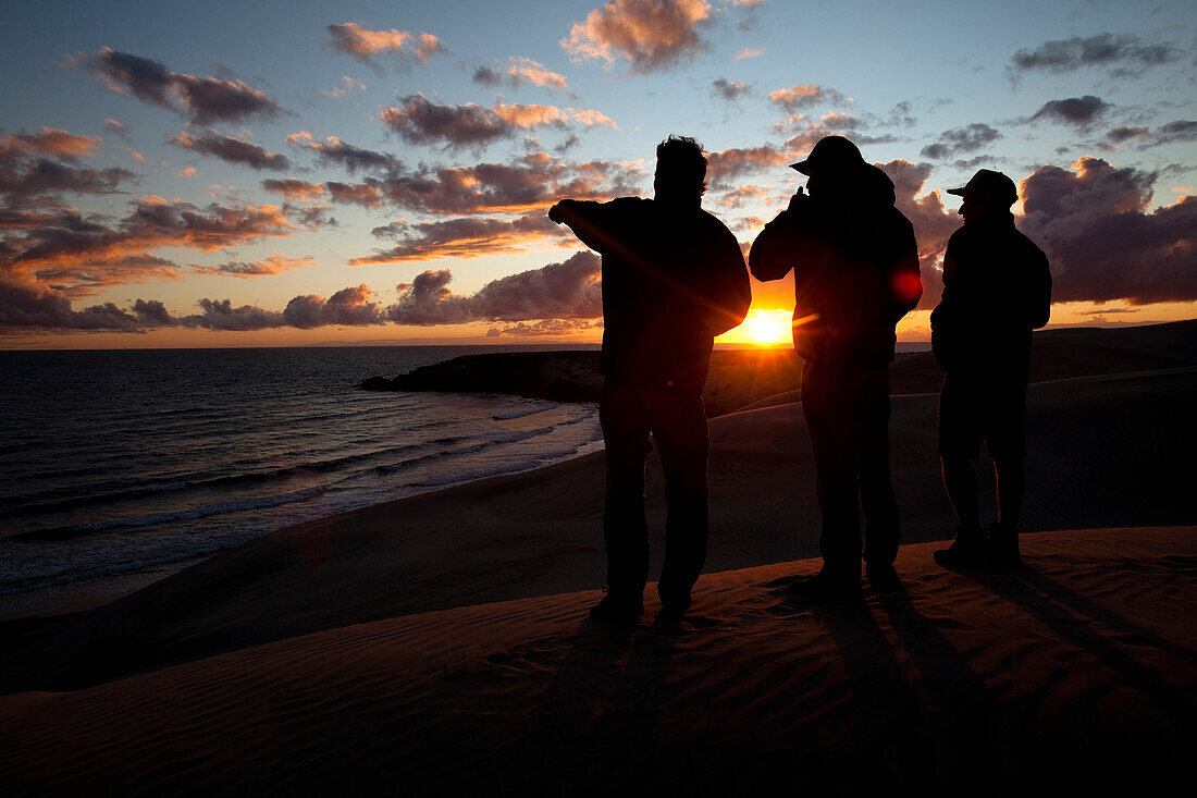 Three male surfers check the surf conditions at sunset during a surf trip in Central Baja, Mexico., Central Baja, Baja California, Mexico