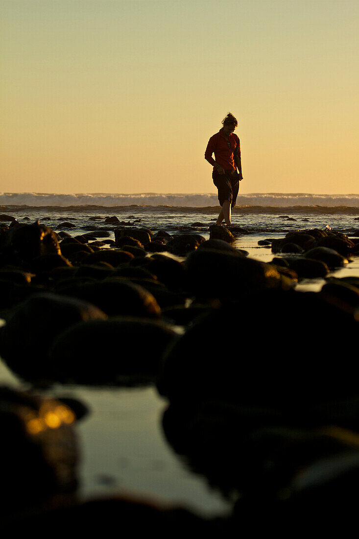 A female  walks along the ocean shore at sunset during low tide on the Baja Peninsula Mexico., Baja, Mexico