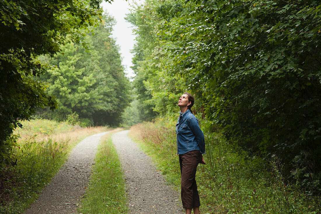 A woman standing in a clearing on an … – License image – 70463862 ...