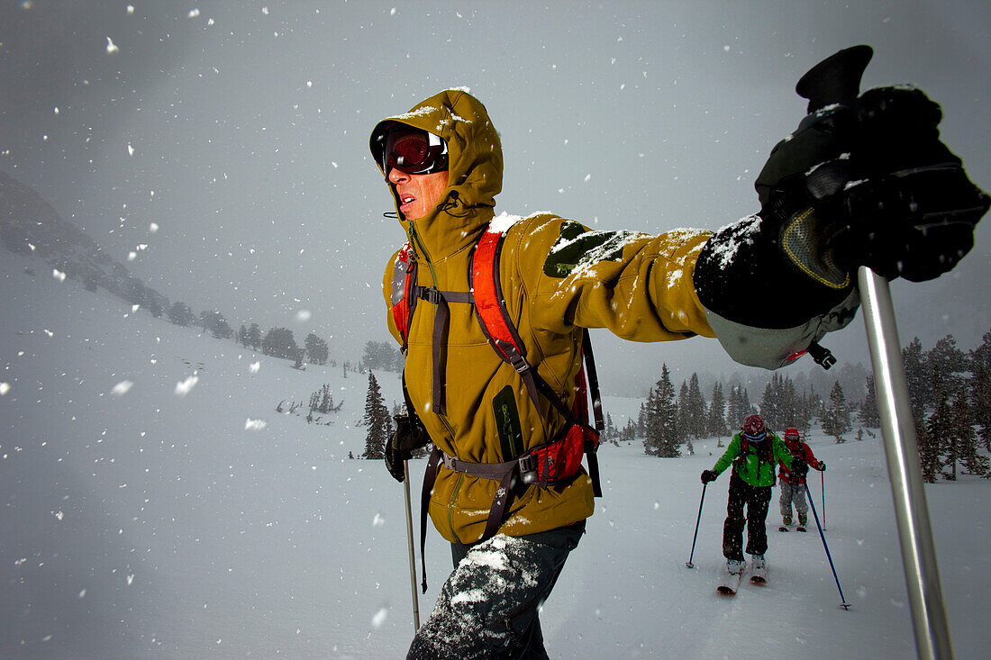 One man looking up into a storm while backcountry skiing in cool light., Ogden, Utah, USA