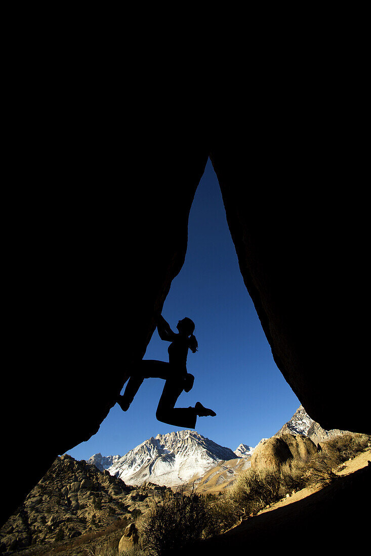 Overhang climbing silhouette, Bishop, California, United States