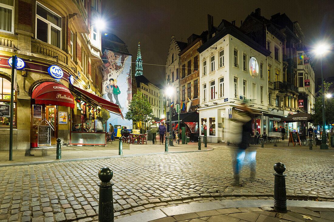 Historic city with bars and restaurants at night, City of Brussels, Belgium